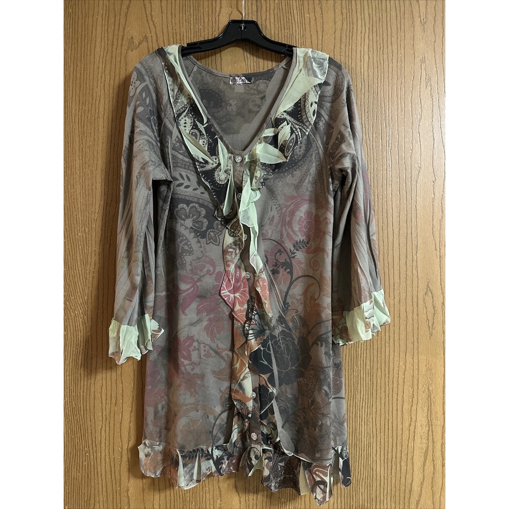 DB Sport Women Button Up Tunic Size M Brown/Green Floral Print
